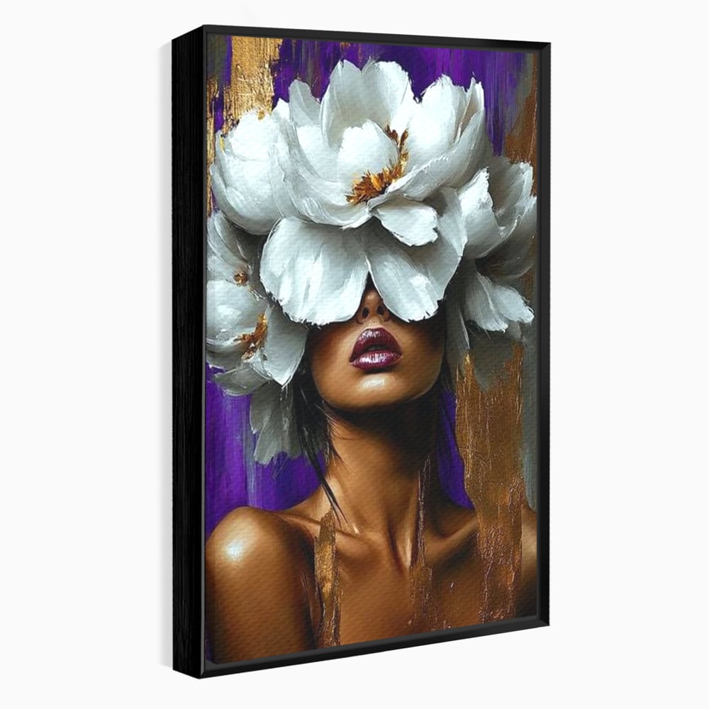 Tablou canvas cu tablou canvas cu femeie si flori albe, in rama de aluminiu negru